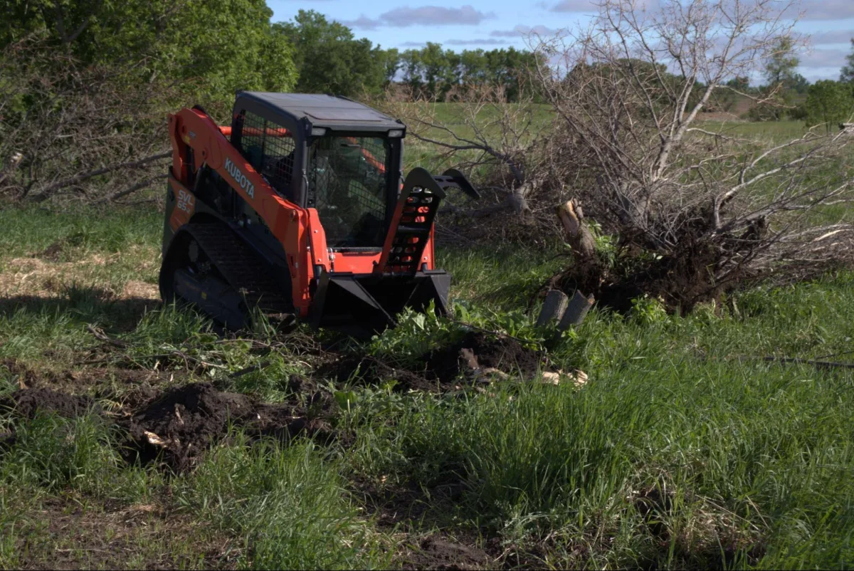 Machine clearing brush during a site clearing job