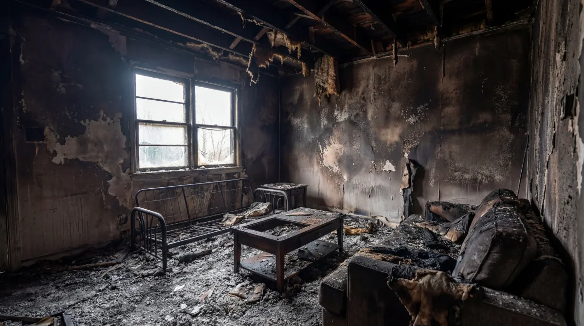 Smoke-damaged interior before cleanup and removal